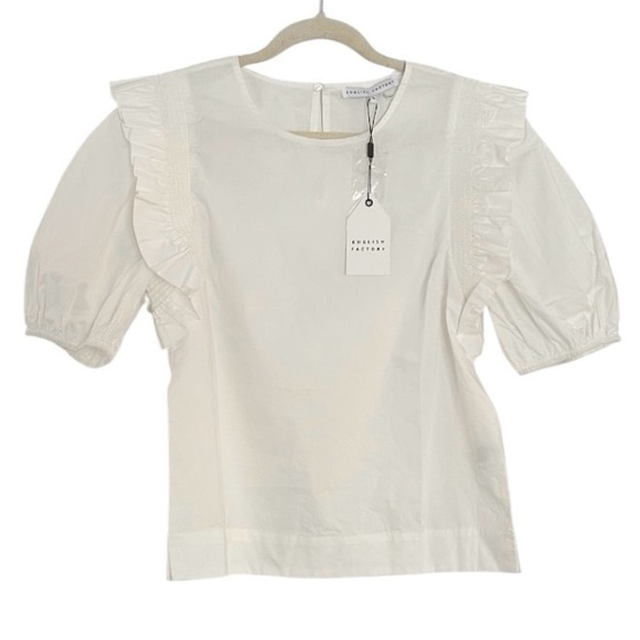 English Factory Anthropologie Ruffle Smocked Puff Sleeve Blouse White Medium NEW - Picture 3 of 12